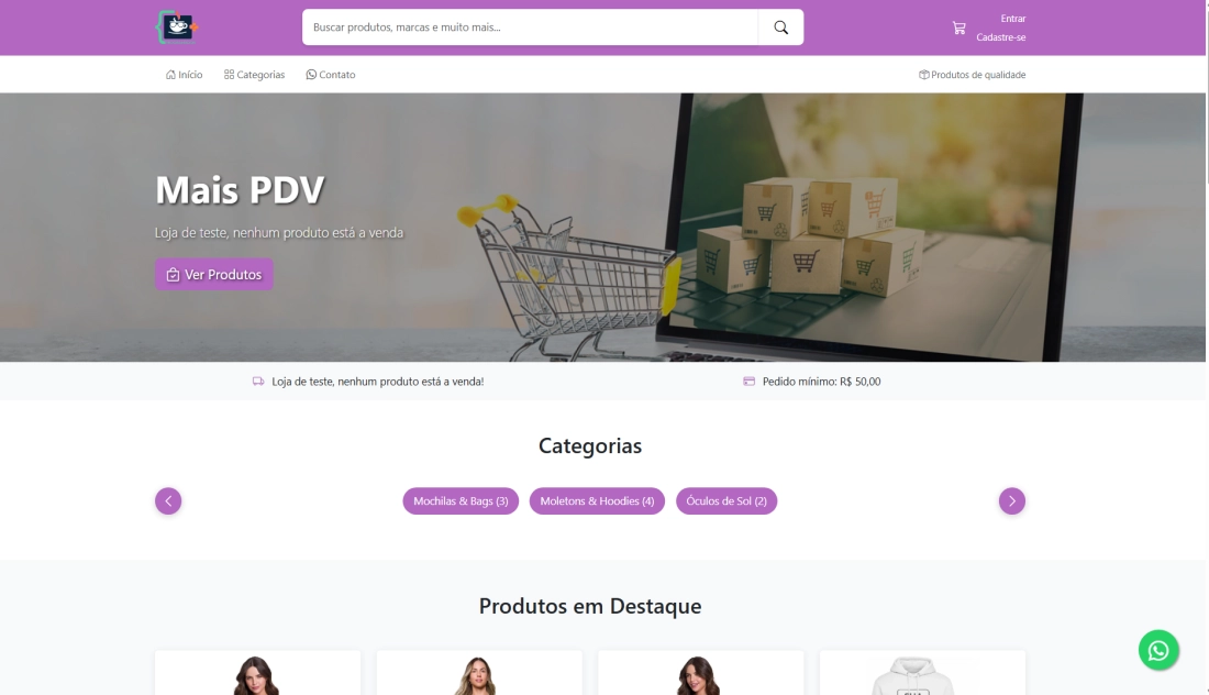 Tela inicial da loja virtual